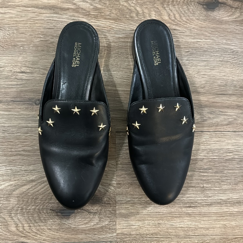 Michael Kors Natasha Black Leather Star Studded Slides Size-8